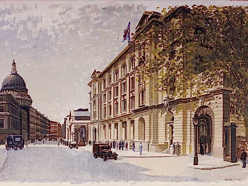 An old oil painting of London with St. Paul's Cathedral visible in the background.
