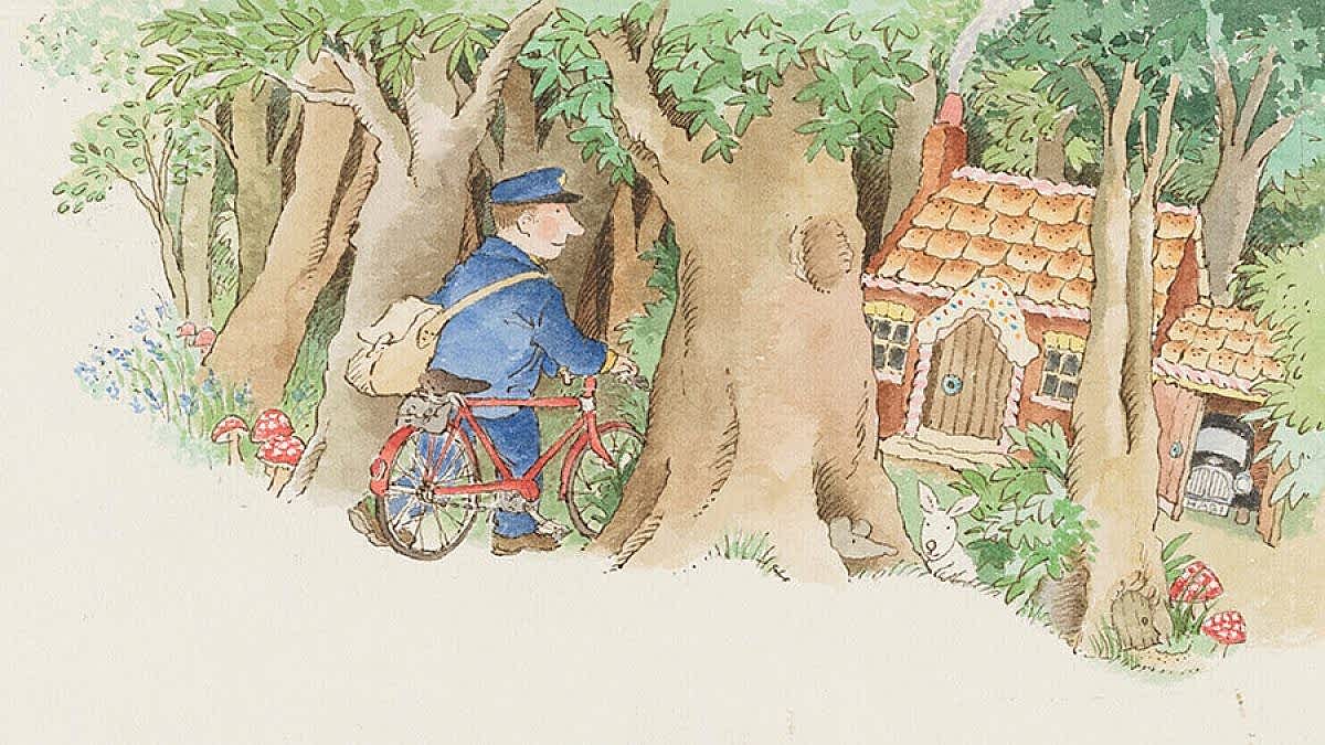 A book illustration showing the Jolly Postman riding a red bicycle through the woods.