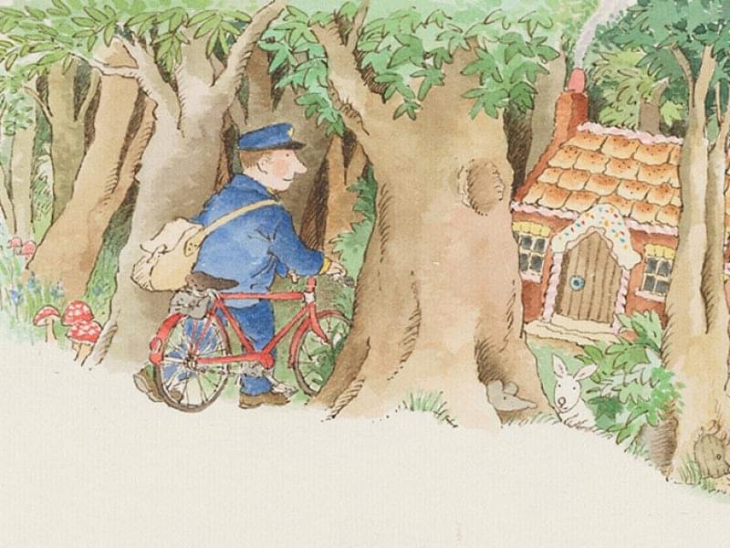 A book illustration showing the Jolly Postman riding a red bicycle through the woods.